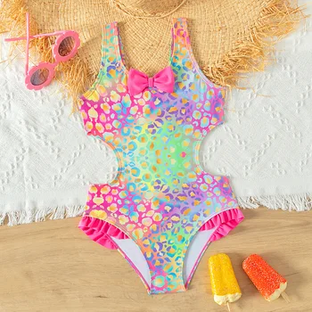 Яркие и красочные купальники для девочек с бантом и рюшами, цельный купальный костюм для девочек-подростков, летняя пляжная одежда, купальный костюм